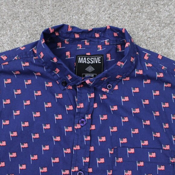 Massive USA Flag AOP Shirt Mens Medium Blue Cotton All Over Print S/S Button - Picture 5 of 12